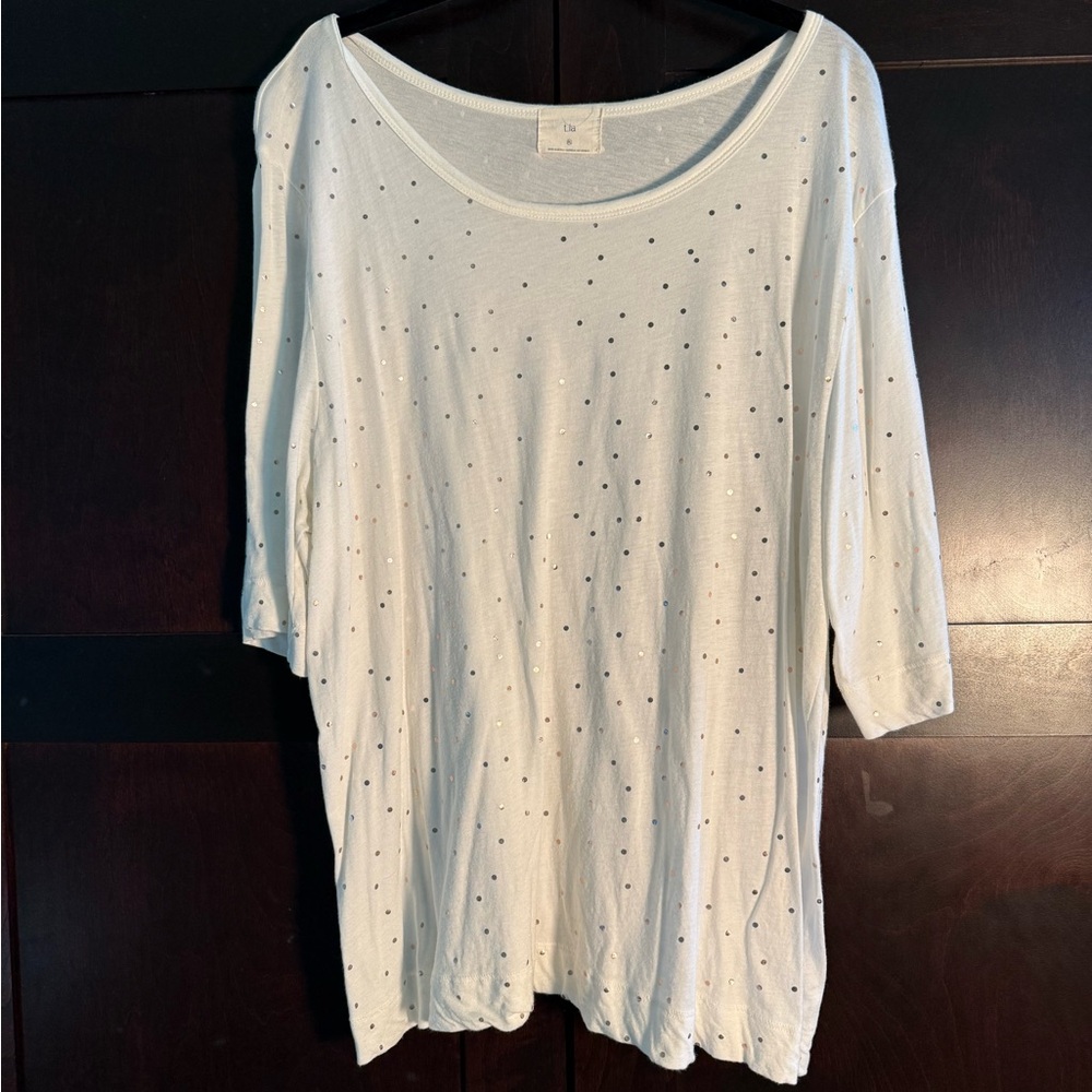 Anthropologie T.La White Long Sleeve Top with rose gold Dots